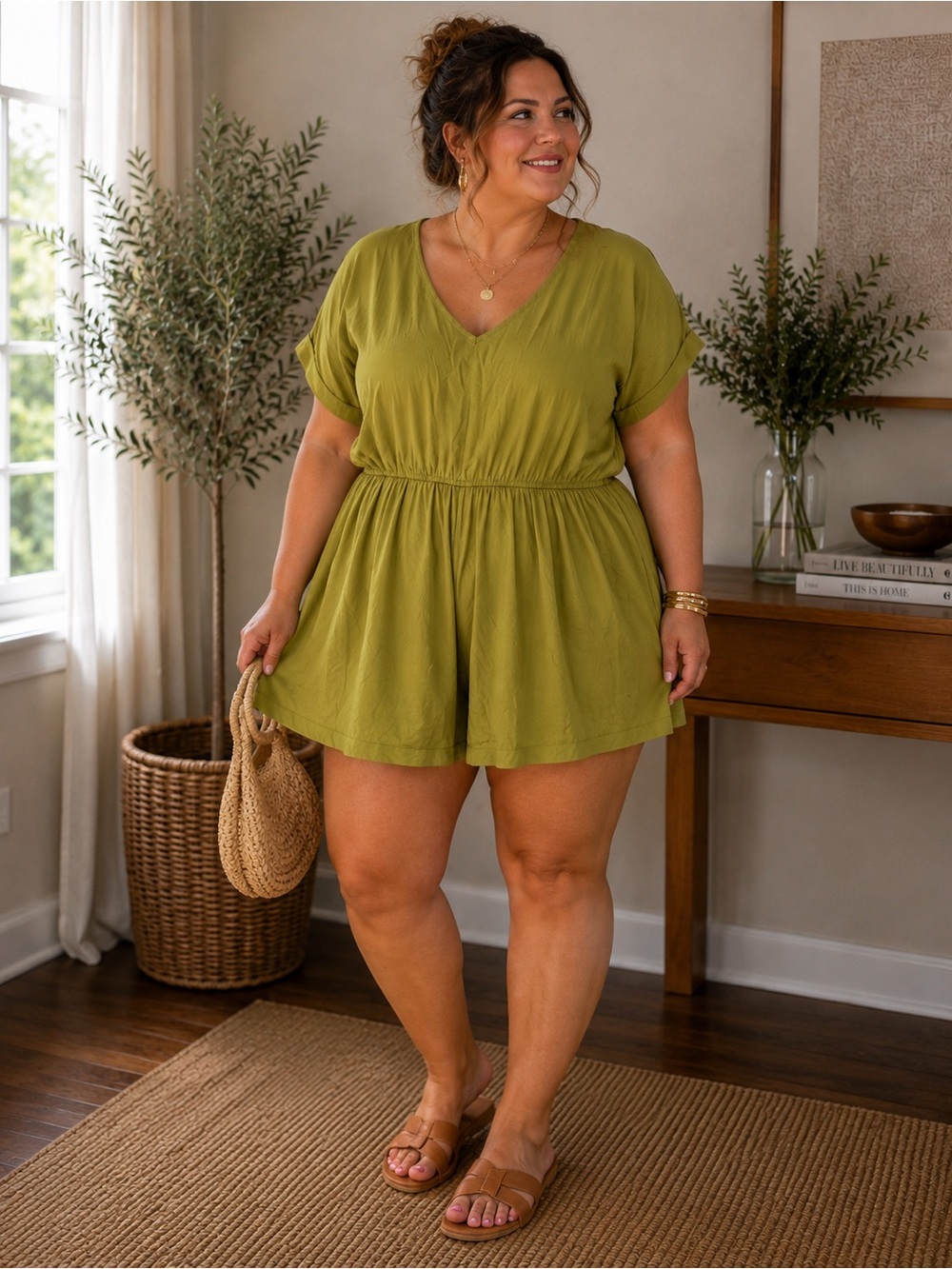 Plus Size V-Neck Green Romper with Elastic Waist